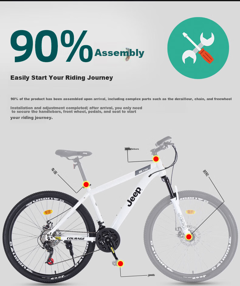 JEEP Mountain Bike RC750 Carbon Steel White Moonlight 27.5 Inch 27-Speed Shock Absorbing Commuter Bike for Men and Women Students 18