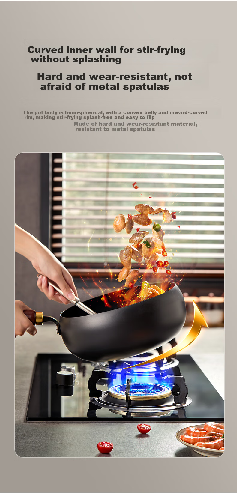Midea Large Capacity Non-Stick Iron Wok Stir-Fry Pan Pumpkin Pot Compatible with Induction and Gas Stoves Rust-Resistant 5