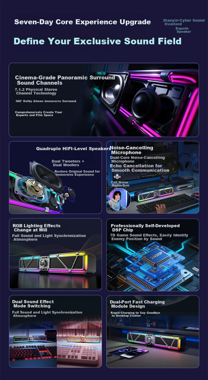 Divoom Divoom Gaming Speaker Stereo Surround Sound Computer Desktop PC Anti-Howling Bluetooth 6.0 Wired RGB Light Bar Black 2