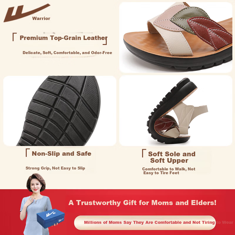 Warrior Mom Sandals Middle-aged and Elderly Women 50-60 Years Old New Summer Non-slip Soft Sole Genuine Leather Grandma Shoes 0679 Beige Size 34