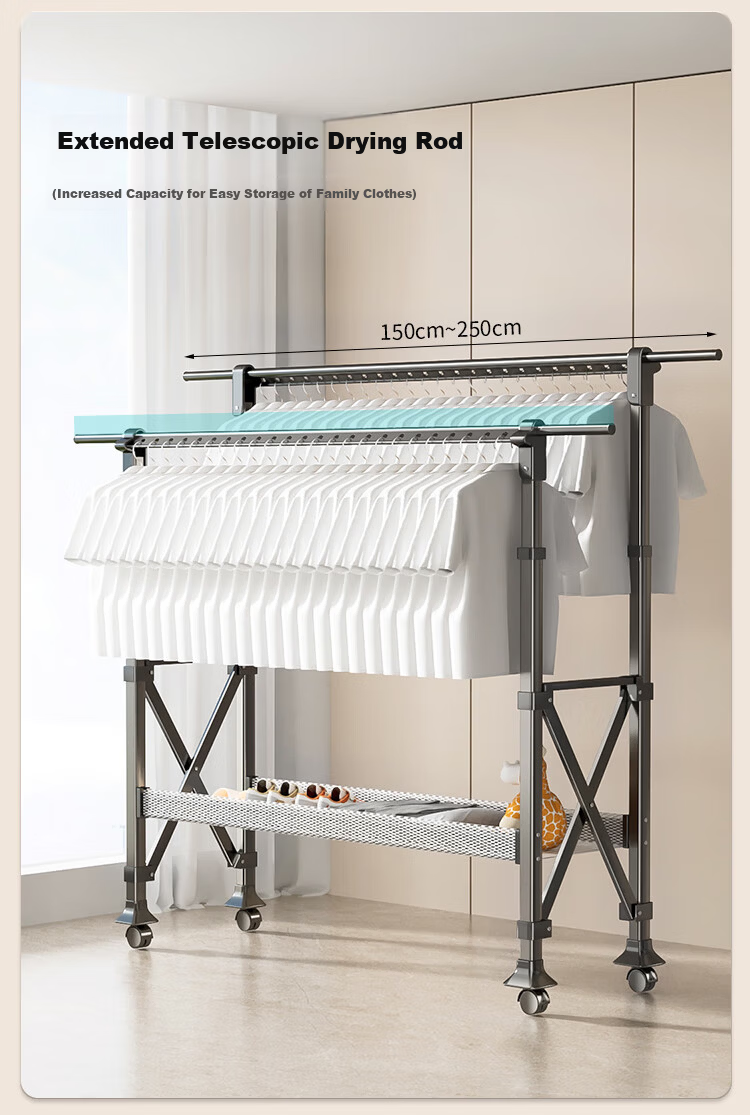 Hotata Floor-Standing Clothes Drying Rack Home Adjustable Double Rod with Drying Net Universal Wheels Mobile Outdoor H-Frame Drying Rack 4