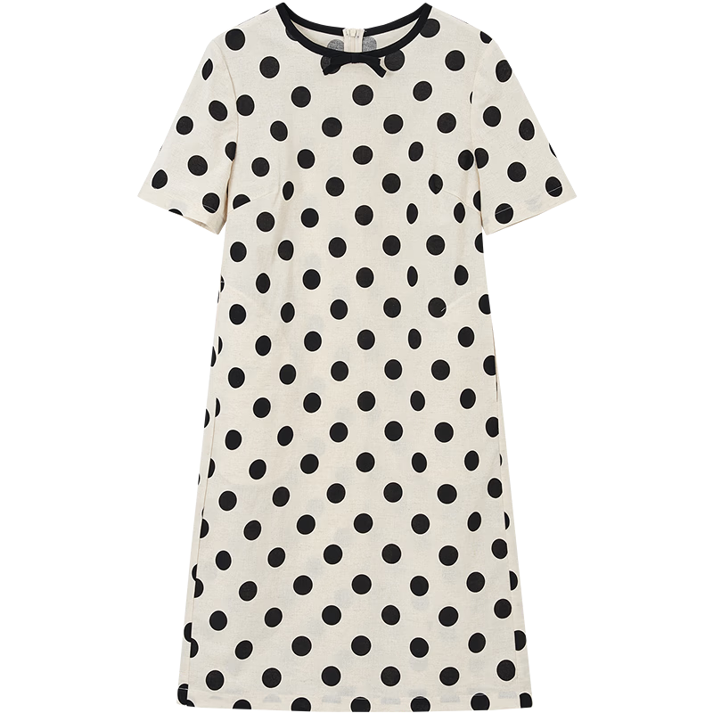 Demana [with Flax Cloud Oxygen Cotton] Summer Bowknot Decor Round Neck Polka Dot Print Loose Dress for Women Premium Quality