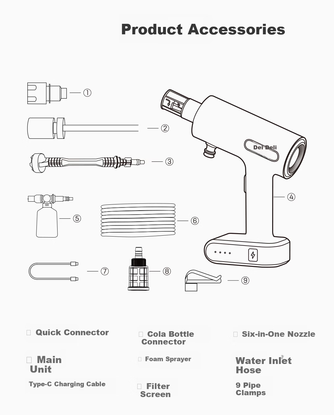 Deli High-Pressure Car Wash Water Gun Household Car Washer Large Capacity Battery Long Battery Life High Power Multifunctional Lightweight Portable 22