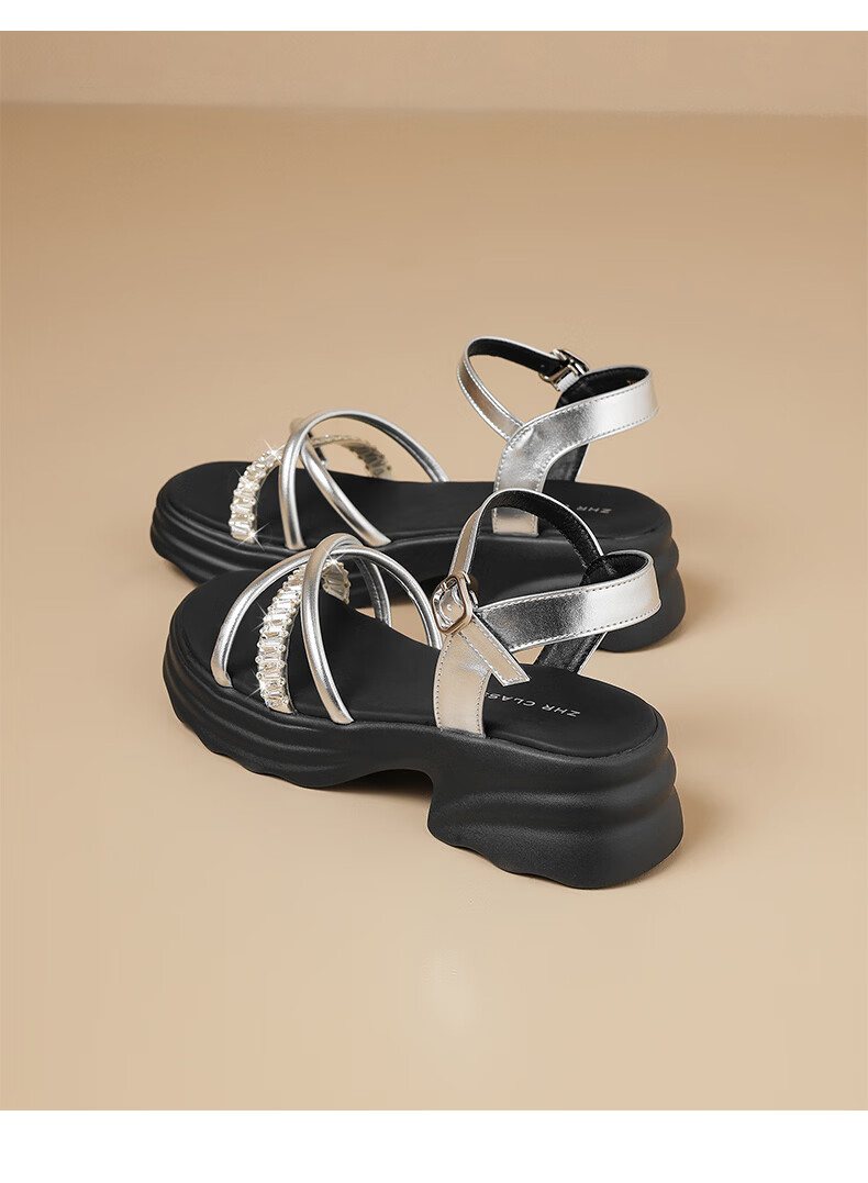 ZHR Summer Women's Sandals for Outdoor Wear, 2026 New Style Women's Shoes, Rhinestone Slippers, Soft-Soled Beach Sandals, M688 Silver, Size 37 26