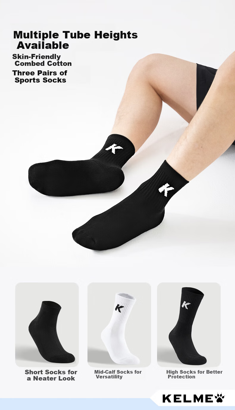 KELME Sports Socks Unisex Long Socks Running Basketball Training Fitness Mid-Short Tube 3 Pairs White [Short Tube] L 1