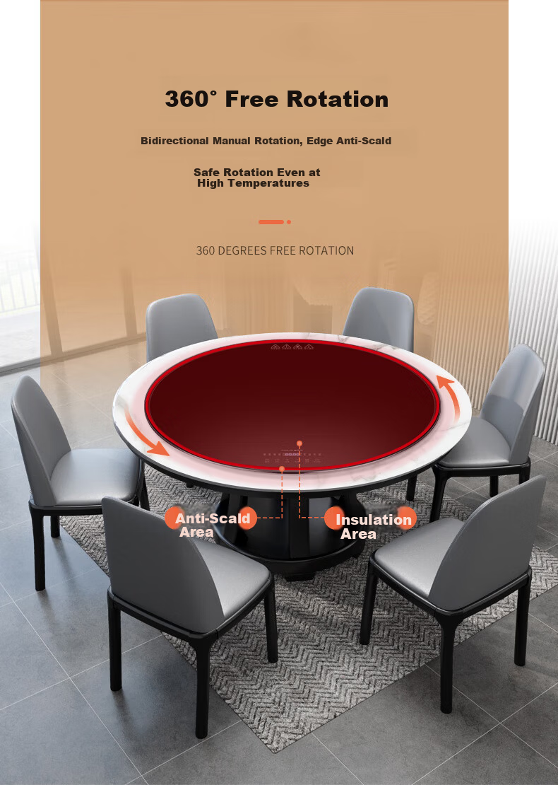 Fudelai Heated Food Warming Board with Induction Cooker Hot Pot Automatic Rotating Household Food Warmer Multifunctional Electric Dining Table Turntable Round Black 120cm 20