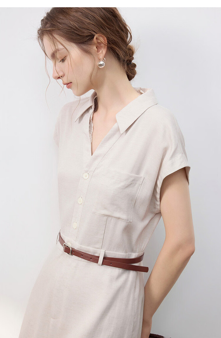 Demana Summer Elegant Lace Splice V-Neck Waist-Slimming Slit Mid-Length Dress with Natural Linen 20