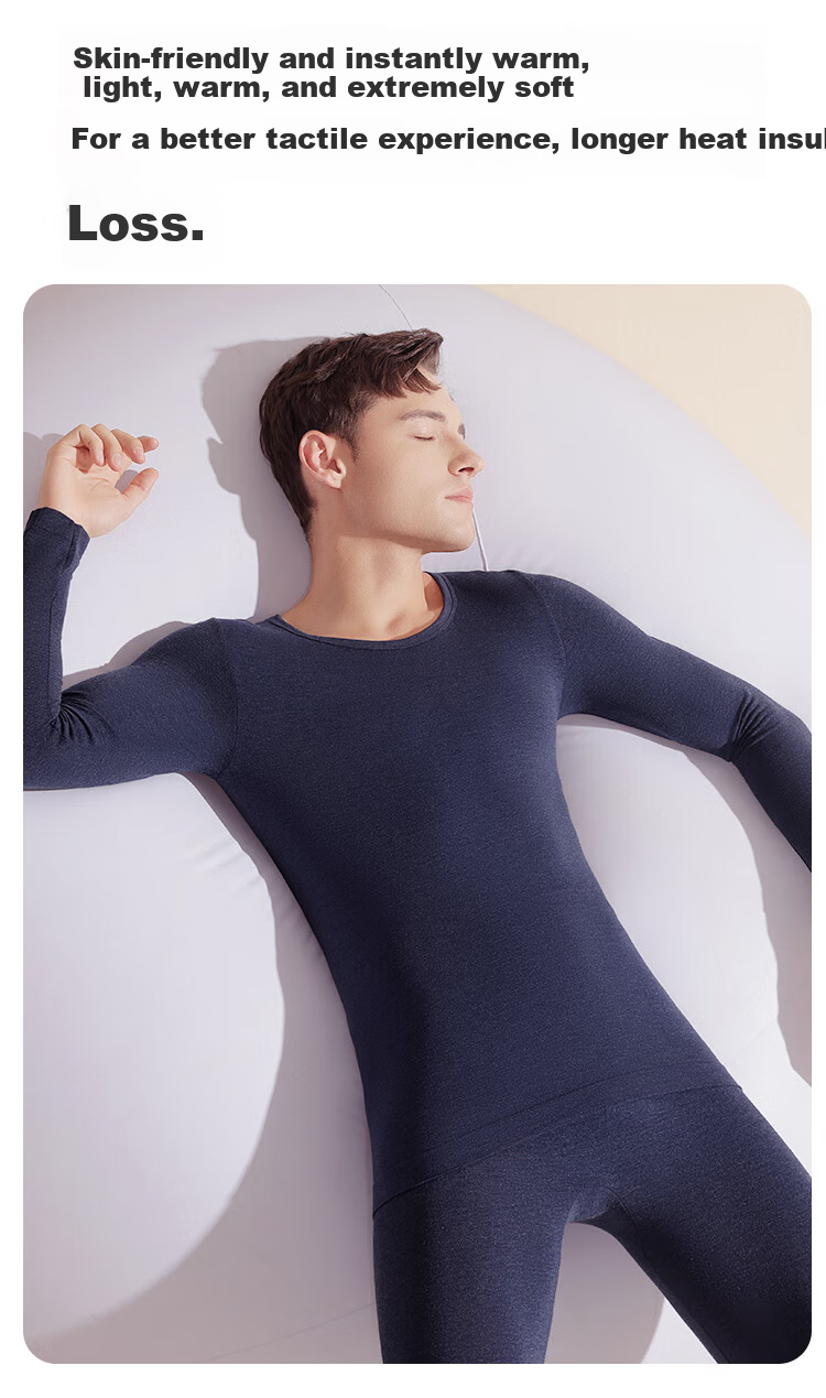 LangSha Men's Acrylic Thermal Seamless Round Neck Breathable Thin Warm Base Layer Set 9