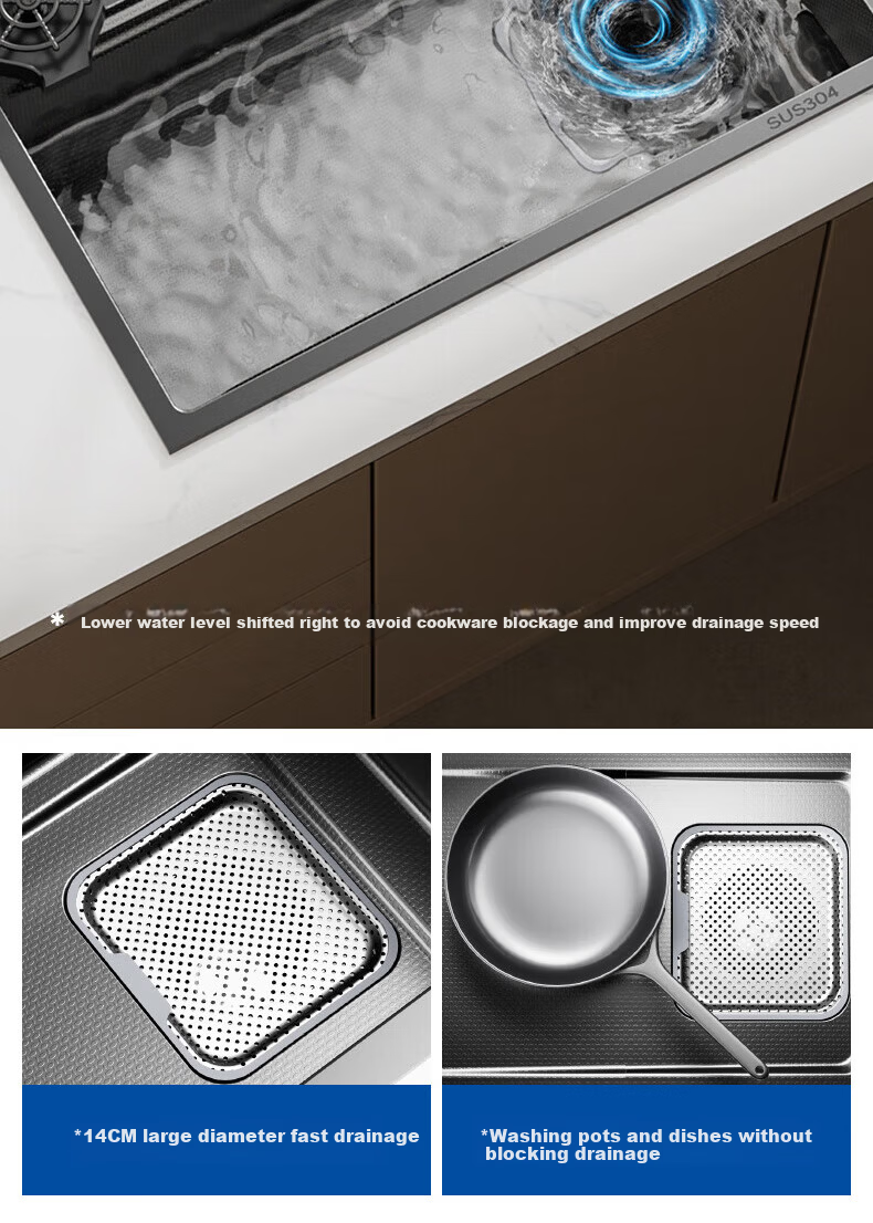 Haier Large Single Bowl Kitchen Sink Thickened 304 Stainless Steel Sink with Strainer and Drain Basket Waterfall Dishwashing Basin 24