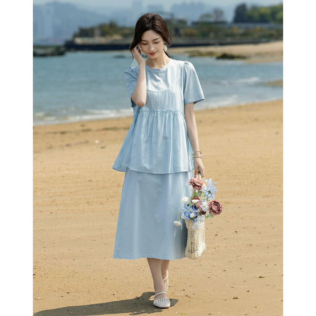 Demana [Cooling Black Technology Sorona] Summer Fake Two-Piece Round Neck A-Line Slim Fit Dress for Women Premium Feel 12