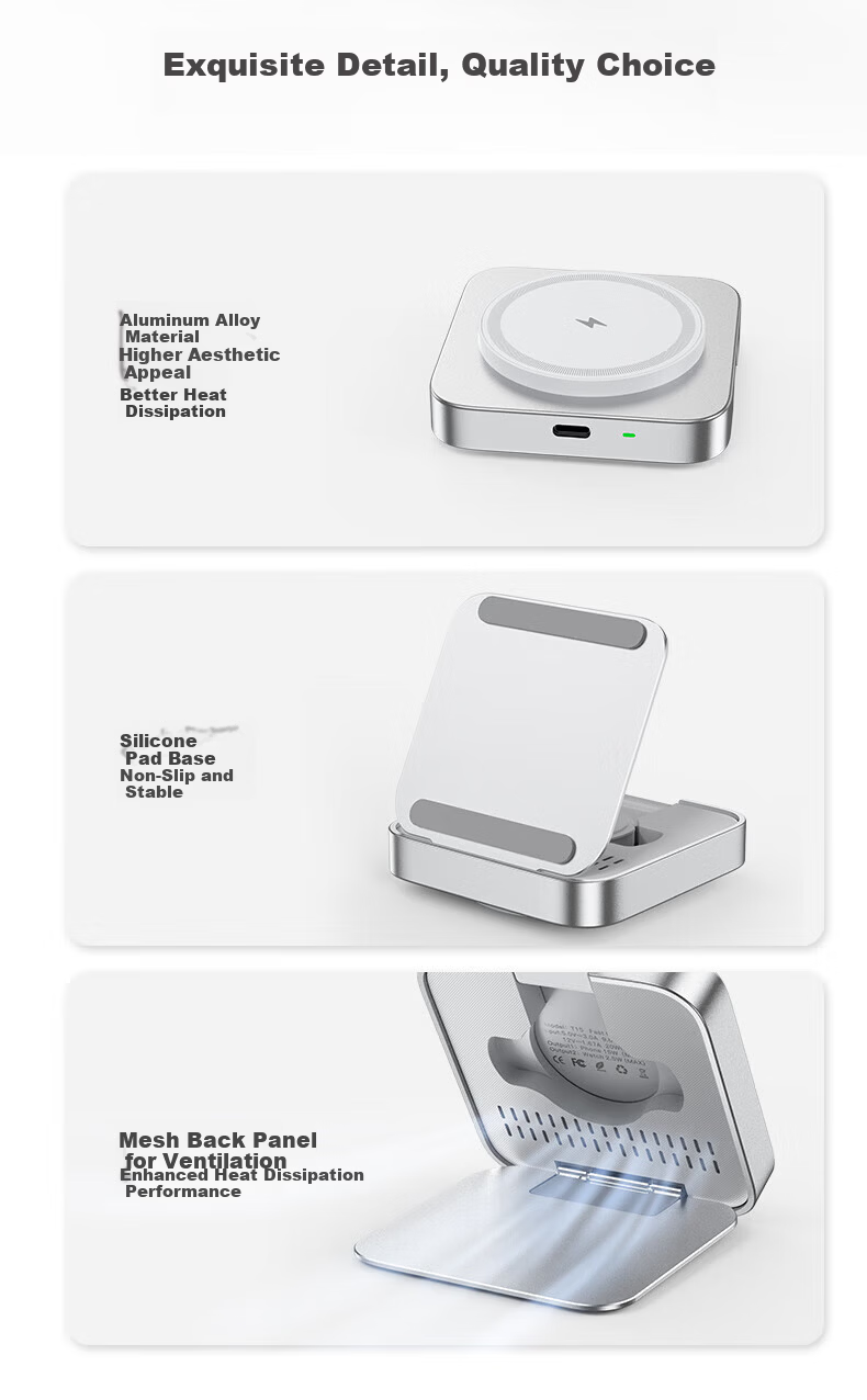 ESCASE Wireless Charger 2-in-1 Foldable Magsafe Magnetic 15W Fast Charging for Apple Watch and iPhone 16 Pro Max Huawei Mate 70 Pro Glacier Gray 9