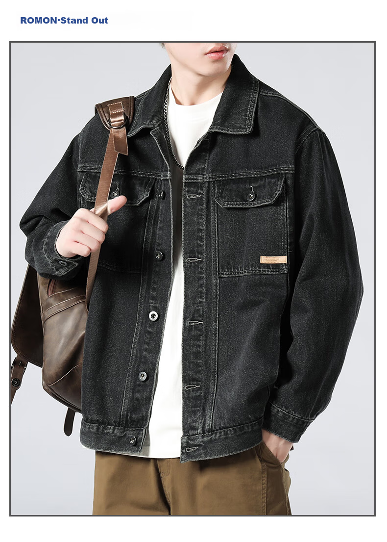 ROMON [Workwear Retro] Men's Jacket, Summer Turn-Down Collar, Loose-Fitting Trendy American Casual Denim Coat, Black And Gray, Size L 2