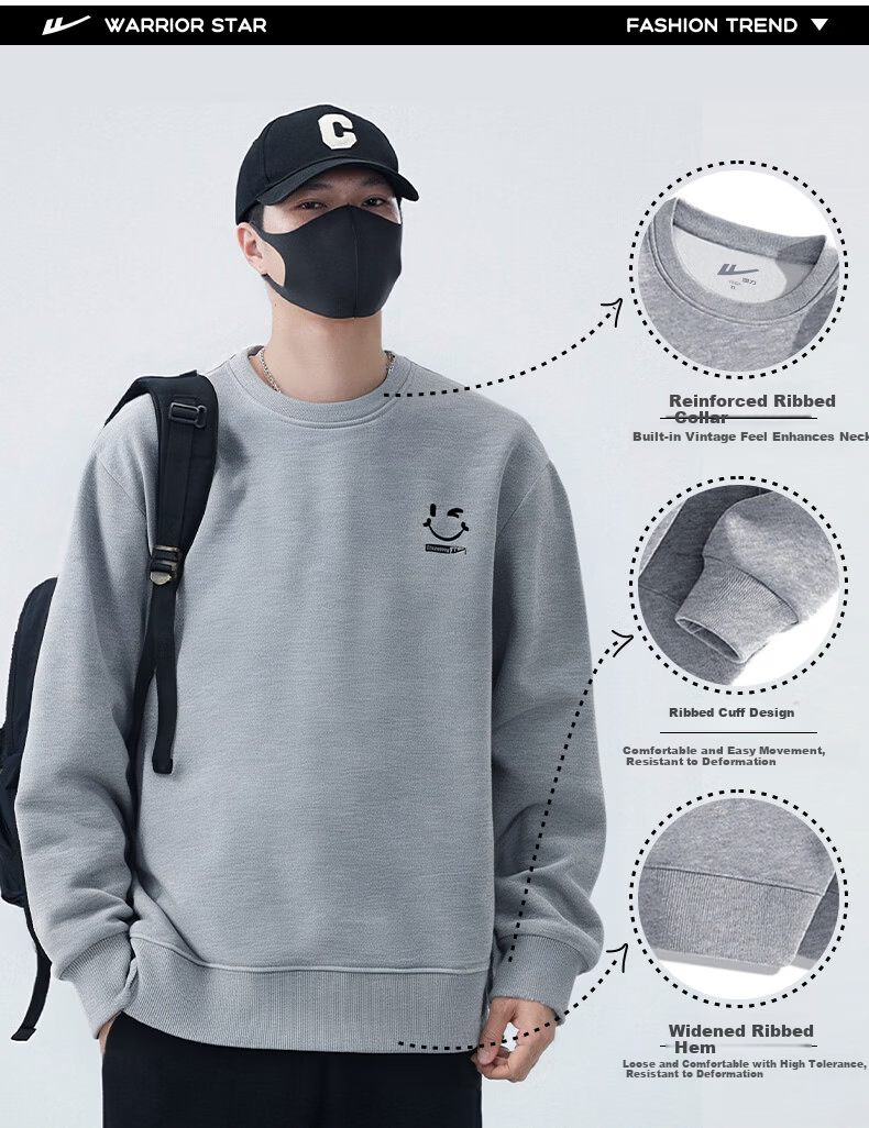 Warrior Men's Sweatshirt Spring and Autumn Comfortable Casual Crew Neck Long Sleeve T-Shirt Simple Pullover Base Layer 3