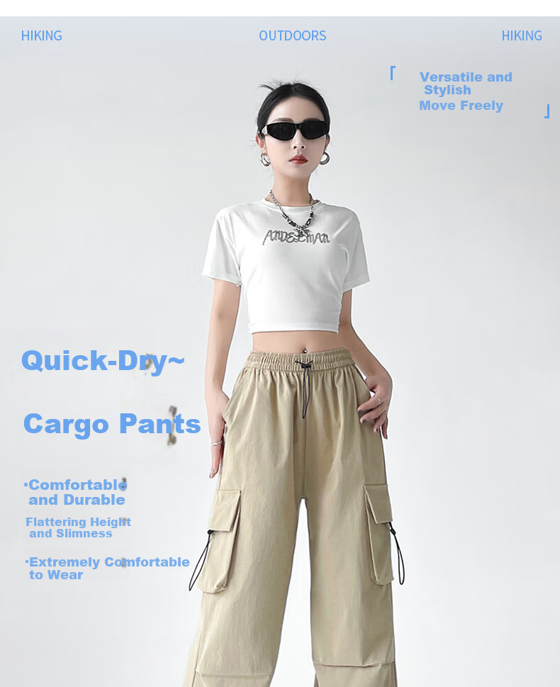 Langsha Women's Spring Summer Wide-Leg Cargo Pants American Style Hiking High-Waist Paratrooper Casual Street Dance Quick-Dry Sports Pants 2
