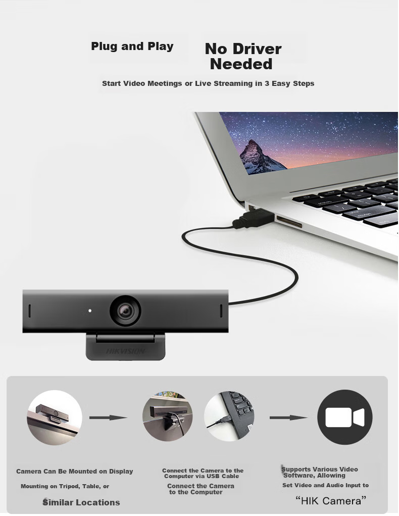 Hikvision 8MP Ultra HD USB Plug-and-Play Auto Focus Webcam with Built-in Microphone for Laptop Desktop Video Conferencing U68 8