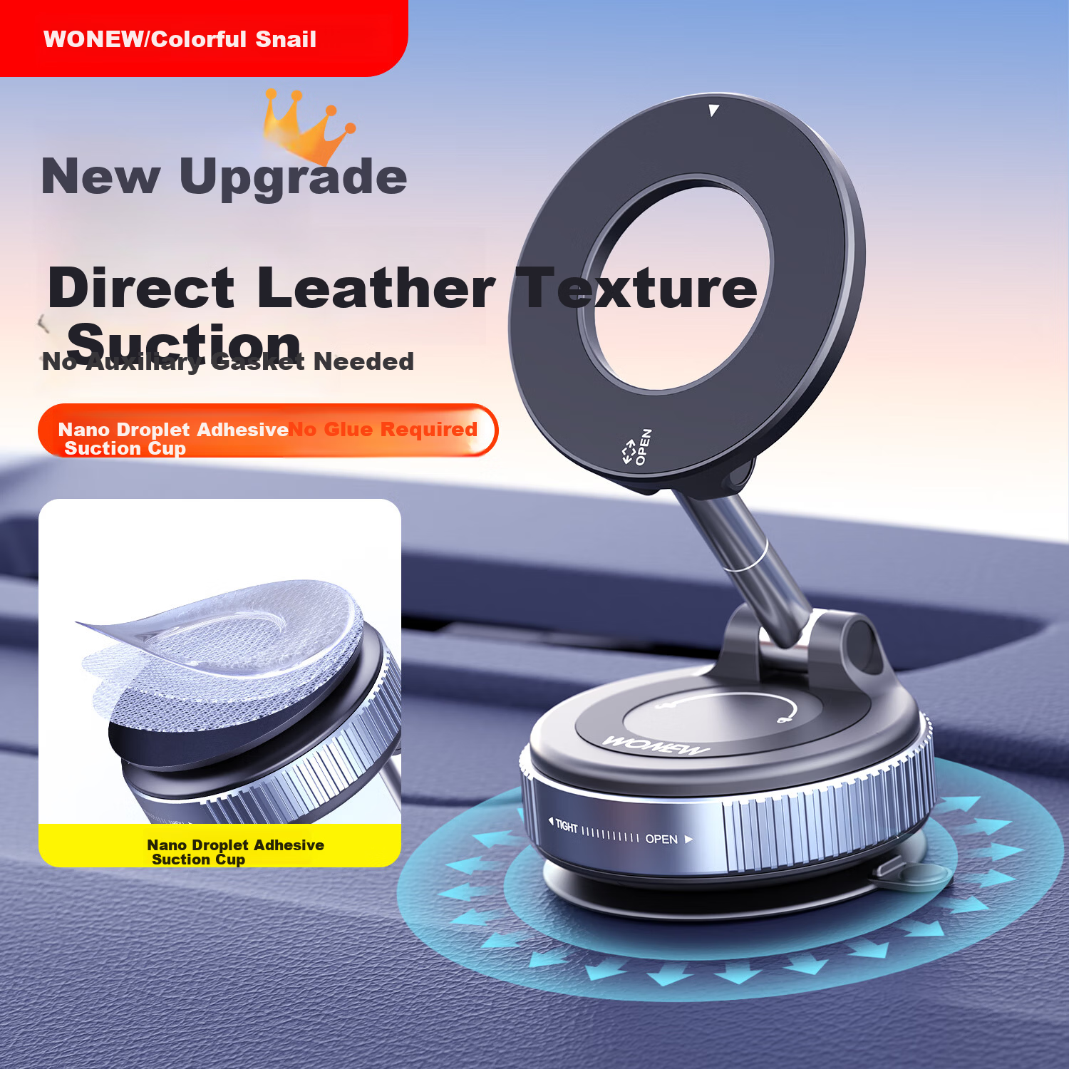 Wonew【Detachable Epoxy Resin】Colorful Snail Magnetic Car Phone Holder Vacuum Car Mount with Leather Texture