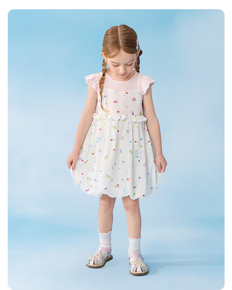 Balabala Kids Dress Baby Girl Dress 2026 Summer Fake Two-Piece Flower Bud Skirt Sweet and Cute 25