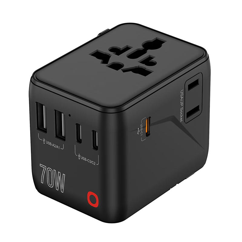 JD Jingzao PD70W GaN Fast Charger International Travel Adapter Multi-Country Universal Socket Converter UK EU US AU JP SG Compatible 2A3C Charging Black