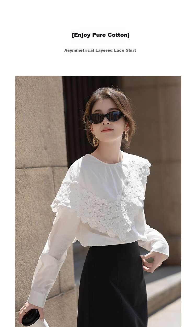 Demana [Le Enjoy Pure Cotton] Spring and Autumn Irregular Layered Lace Splice Round Neck Loose Blouse Women's Shirt Top 2
