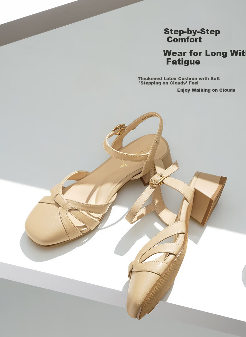 RED DRAGONFLY Women's Sandals, Summer Elegant Chunky Heel Commuter Women's Hollow Shoes WFV25005, Beige, Size 35 4