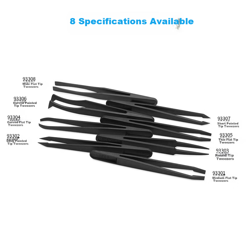 Mashifu Anti-Static Plastic Tweezers 8-Piece Set Black Non-Slip Precision Carbon Fiber Tweezers Kit with 8 Sizes