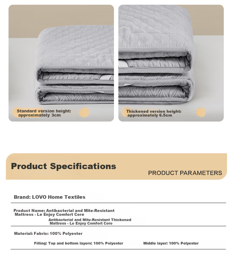 LOVO Luolai Mattress Thickened Soft Pad Tatami Dormitory Antibacterial Mite-Proof 150x200cm Gray 10