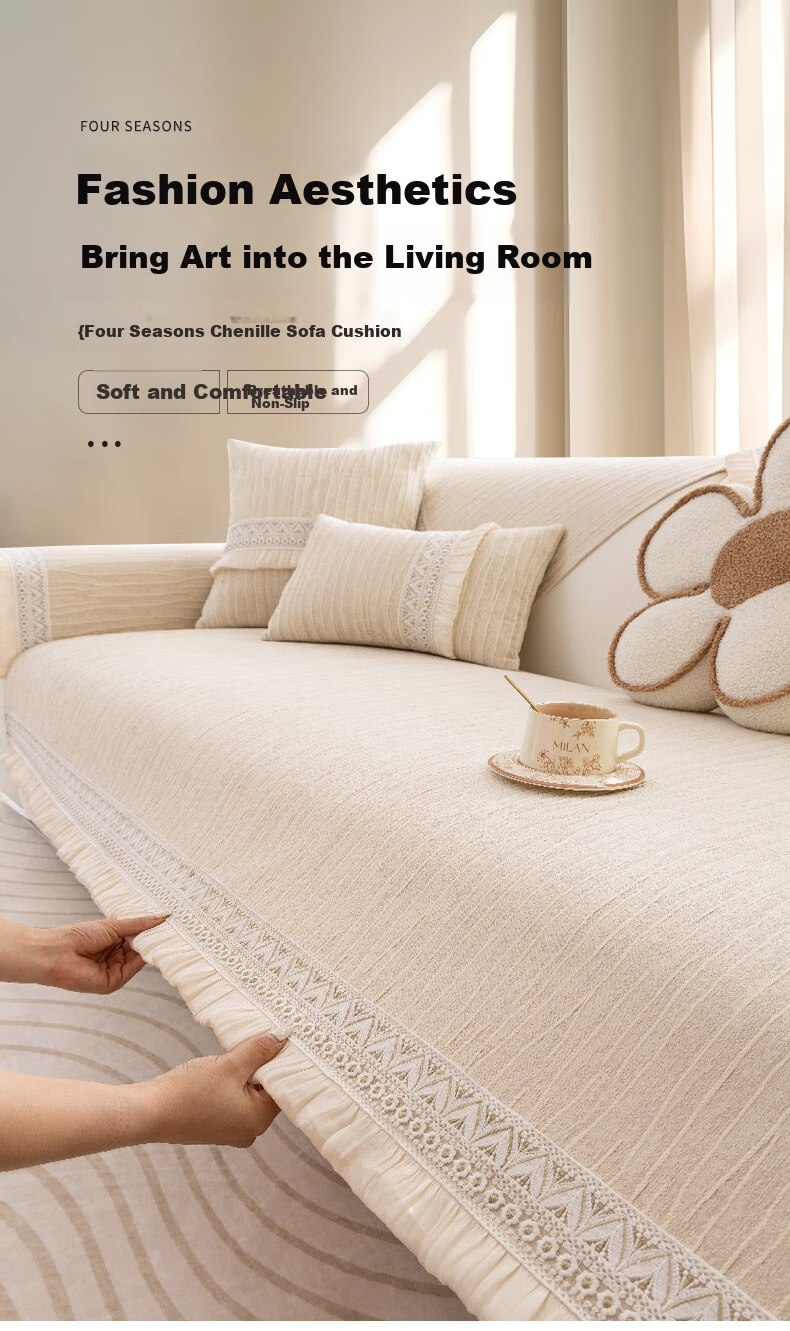 Wuyinliangpin French-Style Sofa Cover, All-Season Non-Slip Seat Cushion, Luxury Sofa Slipcover, Spring Sun Beige, 90*240cm 1