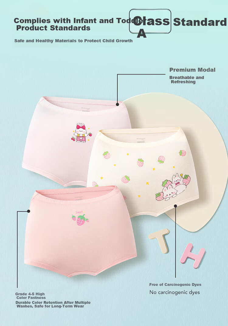 THREEGUN Children's Modal Antibacterial Underwear 5A Crotch Girls' Boxer Briefs 3-Pack Rabbit Set Size 140 6