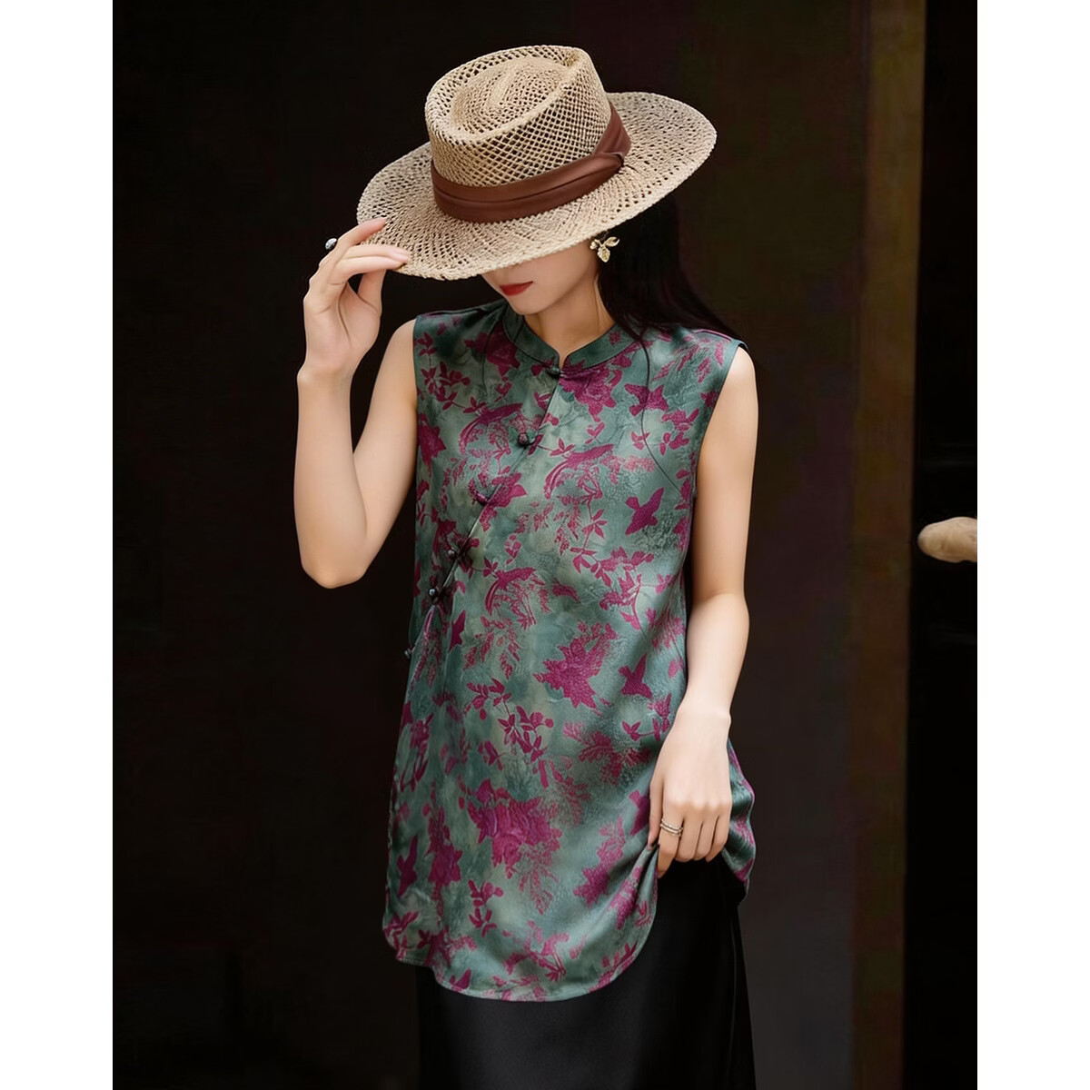 Demana [Human Silk Gauze Print] Summer National Style New Chinese Small Stand Collar Asymmetric Loose Slim Women's Shirt