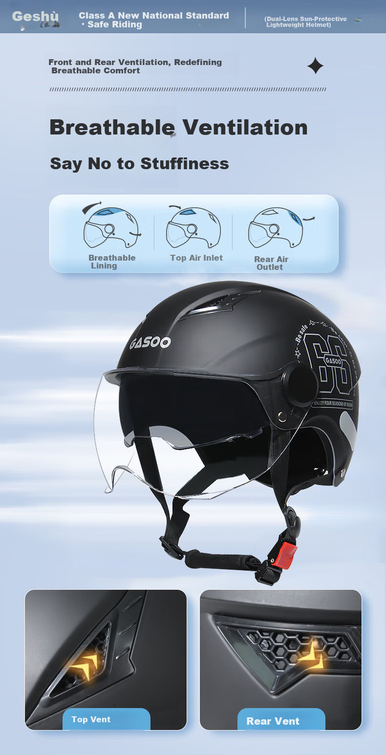 Geshu Electric Motorcycle Helmet 3C Certified Four-Season Universal Half Helmet with Dual Visors for Men and Women Electric Scooter Riding Safety Helmet 7
