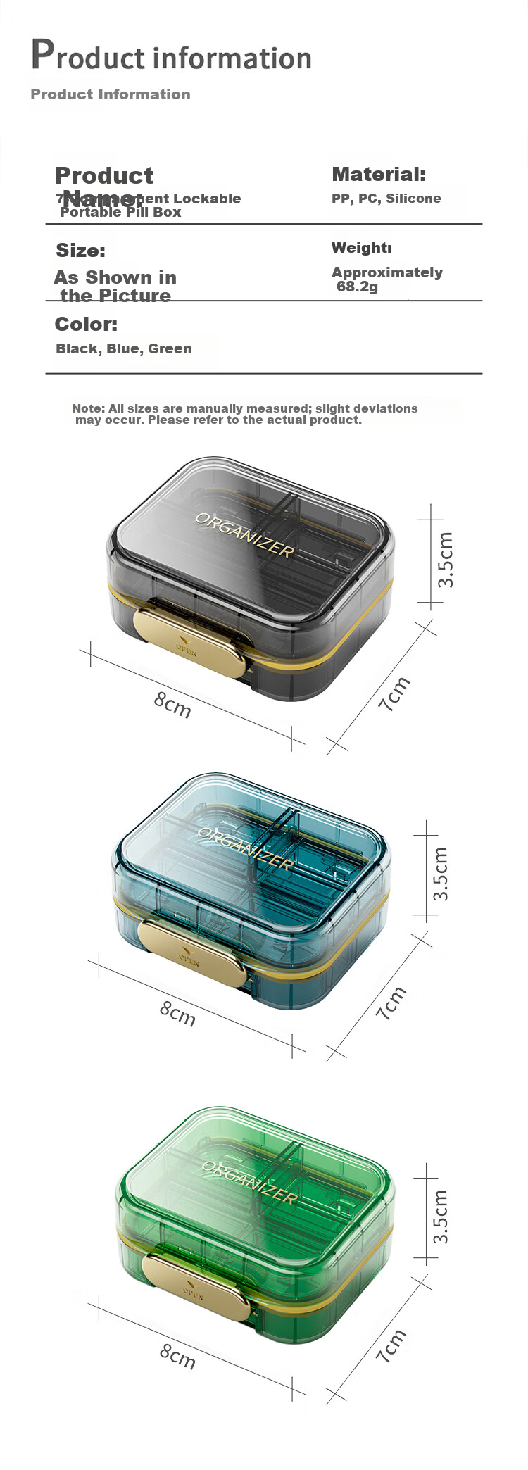 Daisy Leaf Portable Weekly Pill Organizer with Reminder, Large Capacity Green Medicine Box for Seven Days 13