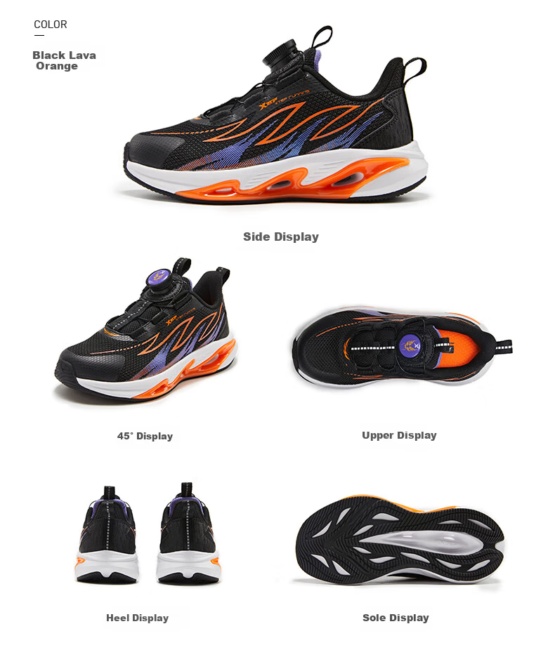XTEP Kids Y Series - Flaming Feather Rotating Buckle Boys Breathable Running Shoes Black/Lava Orange Size 32 5