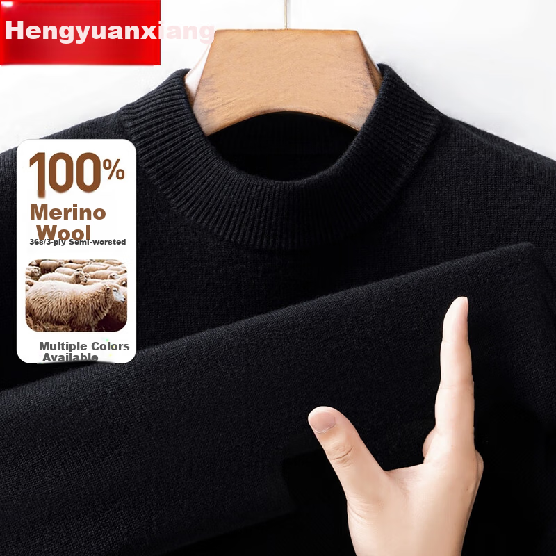 Hengyuanxiang Men's Thickened 100% Pure Wool Sweater Autumn Winter Mid-High Collar Warm Knitwear