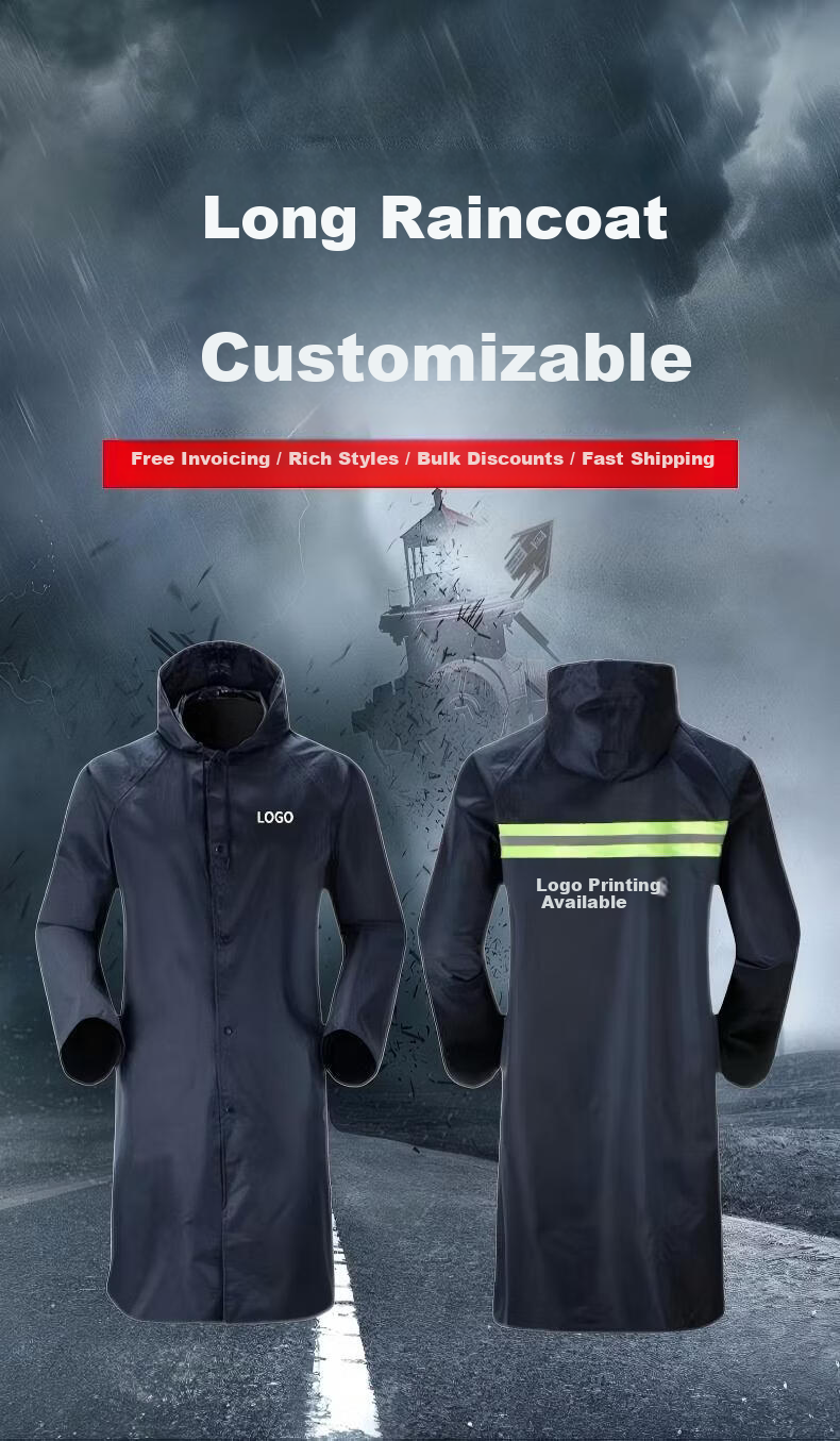 OUJAYROM Long Raincoat Waterproof Reflective Unisex Oxford Fabric Durable Mountaineering Work Labor Raincoat Navy Blue Button [Long Trench Coat] 1