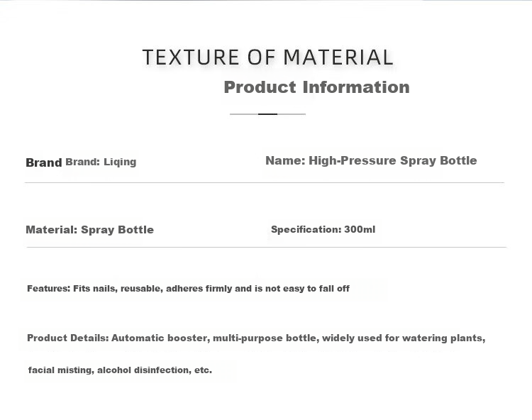 LiQing High Pressure Spray Bottle 300ml Large Capacity Ultra Fine Mist Refillable Bottle Cosmetic Hydrating Empty Alcohol Spray Bottle 2
