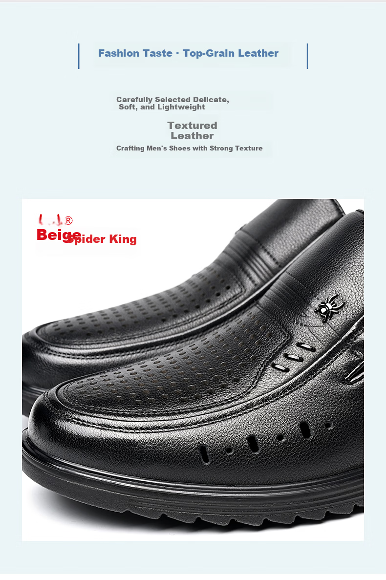 SPIDER KING Men's Leather Sandals Cowhide Summer Hollow Breathable Business Casual Shoes 48237 Black Size 41 5