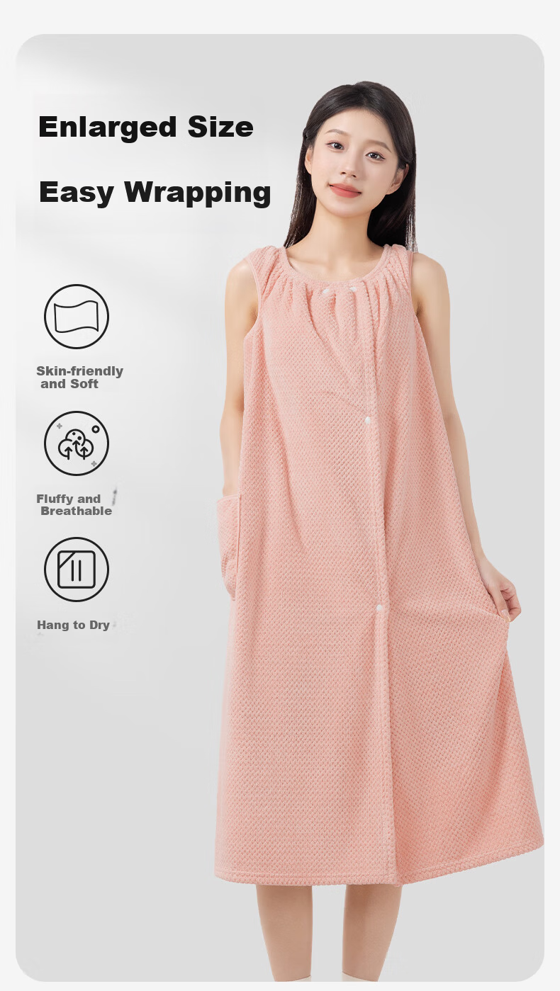 Grace Women's Home Bathrobe Thick Wearable Absorbent Bath Towel Breathable Bath Skirt Pink 2