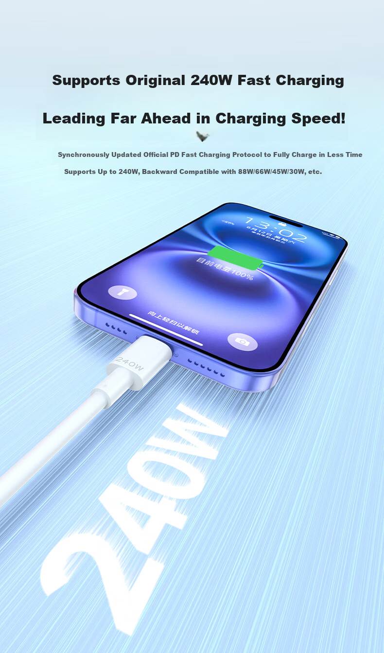 Dual-Head Type-C 240W Fast Charging Cable for Apple iPhone 17/16/15, Huawei, Honor, Xiaomi Realme Tablets, MacBook Laptop 2m 2