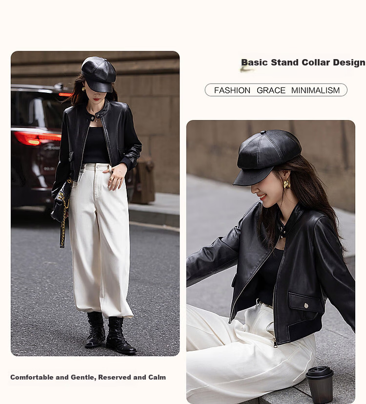 Demana Minimalist Unisex Winter Motorcycle Style Sheepskin Stand Collar Comfortable Slimming Fashionable Short Jacket for Women 5