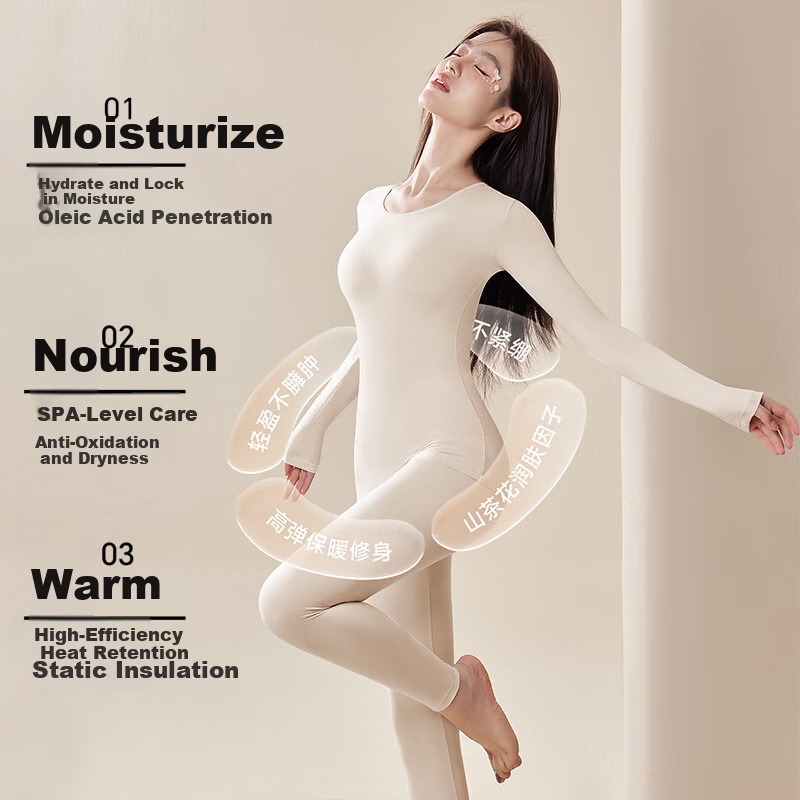 Xueqiman Women's Autumn Thermal Underwear Set Antibacterial Skin-Care Slim Fit Warm Thin Round Neck Base Layer Top and Bottom Spring