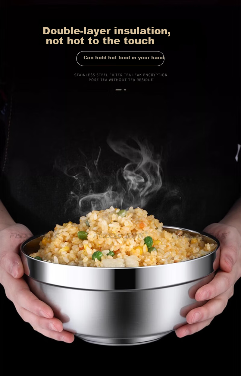 FISDDIS 304 Stainless Steel Double-Layer Anti-Scald Soup Bowl Commercial Spicy Hot Pot Bowl Fast Food Rice Bowl Canteen Serving Bowl 16cm 7