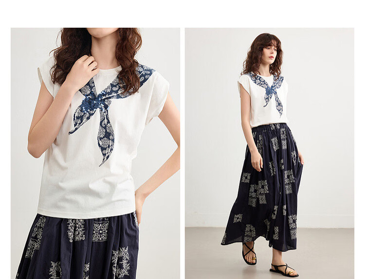 Demana [Cooling Black Technology Sorona] Summer Vintage Floral Bow Tie Round Neck Short Sleeve Loose Women's T-Shirt 5