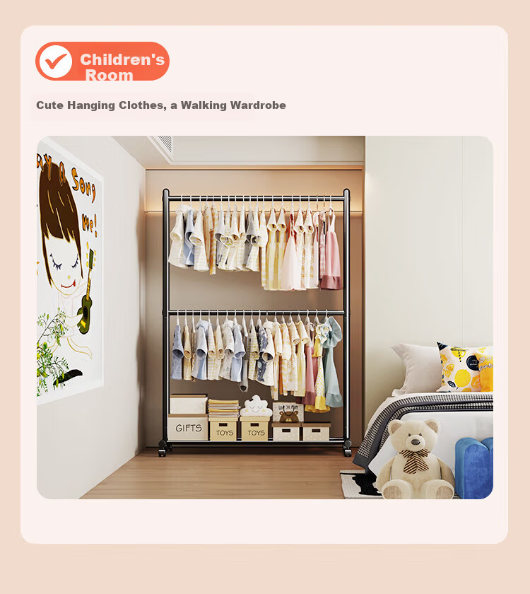 Hakkai Bird Double-Layer Floor Clothes Rack Indoor Hat and Coat Rack Garment Store Hanging Rack Mobile Bedroom Double Rod 10