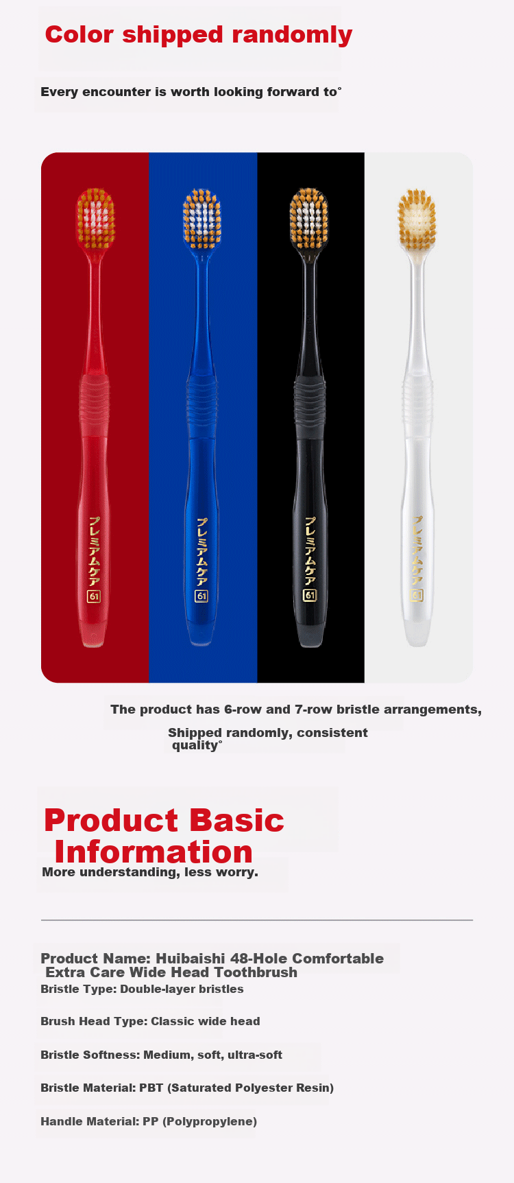 EBISU 48-Hole Wide-Head Soft Bristle Toothbrush for Adults, Gum Protection All-In Pro2 Pack, Random Colors 6