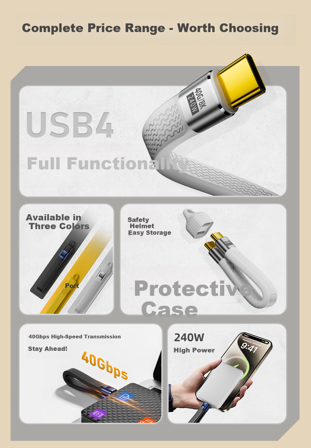 Smorss Type-C Full-Function Data Cable CTOC Compatible Thunderbolt 4 Dual-Head Short Cable 240W Fast Charging 40Gbps High-Speed Transmission PD3.1 for Phone Computer External Hard Drive Black 1