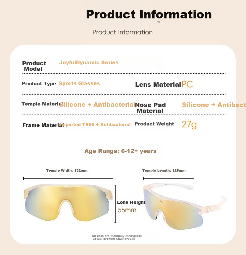 Kigo Kids Sports Glasses Unisex Running Mountaineering Protective Goggles Cycling Windproof Anti-Fog Sunglasses 6-12 Champagne Gold 7