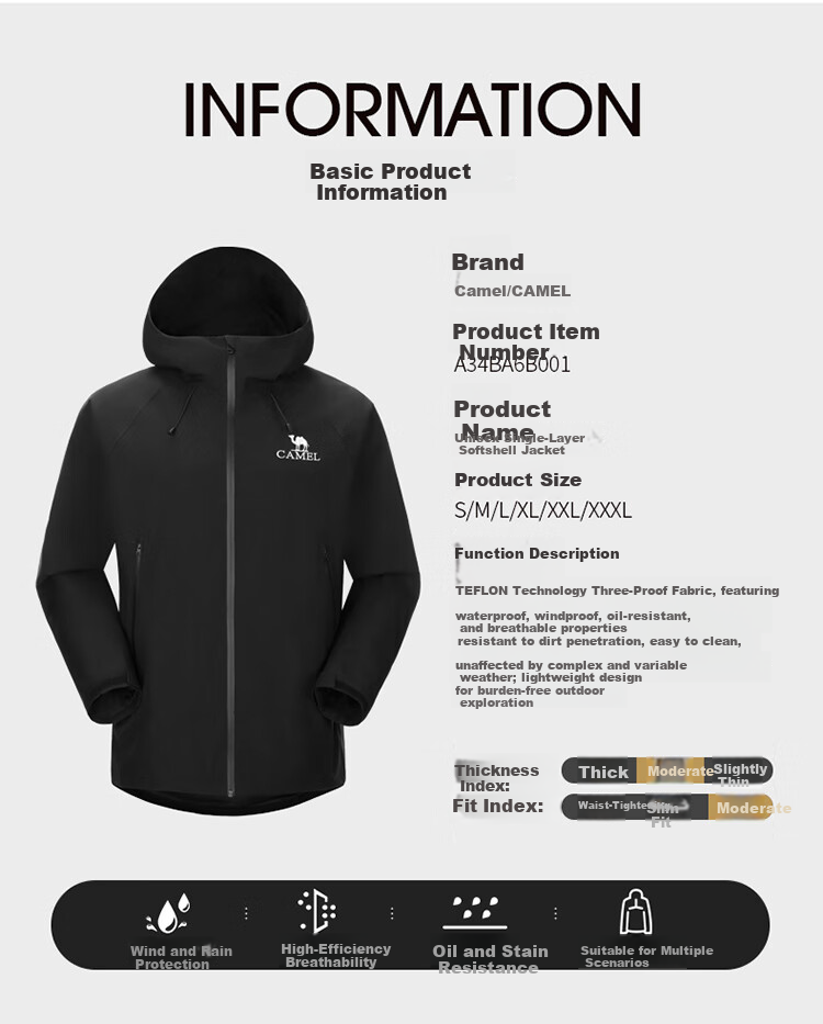 CAMEL Outdoor Single-Layer Waterproof Windbreaker Unisex 3-in-1 Mountaineering Jacket 6B001 Phantom Black, Unisex M 7