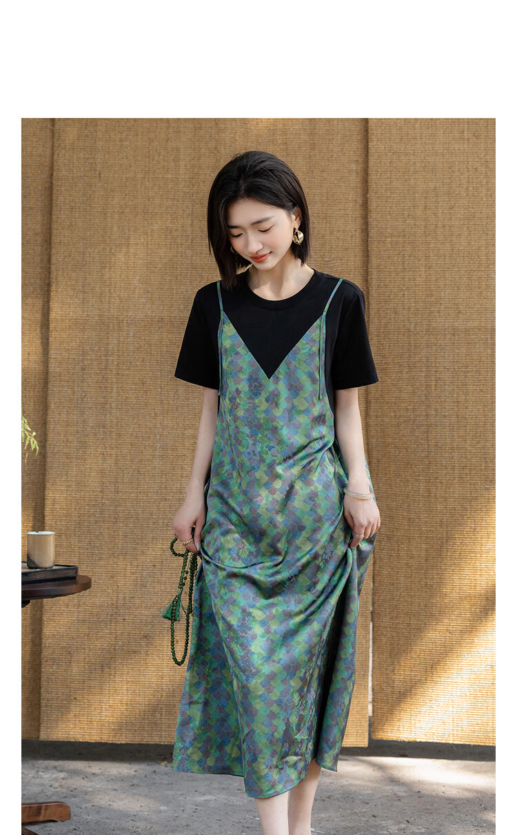 Demana [Cooling Black Technology Sorona] Summer Fake Two-Piece Printed Slimming Patchwork Dress for Women High-End Feel 10