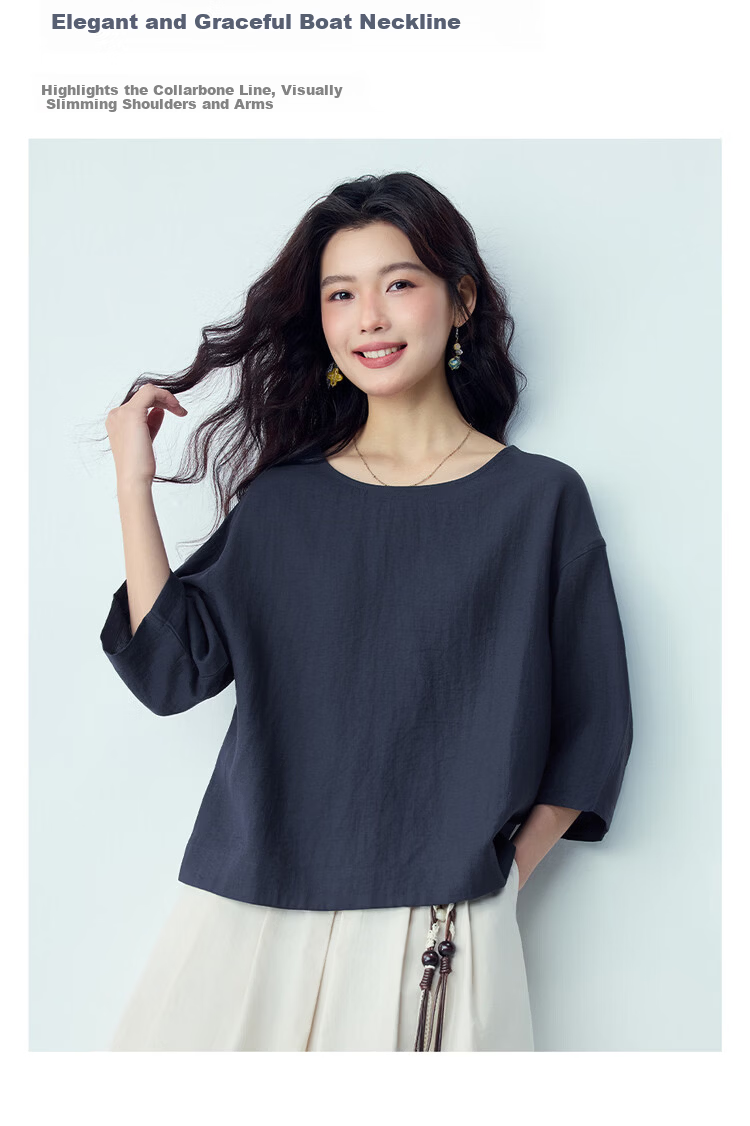 Giordano 2026 Summer New Textured Loose Casual Boat Neck Three-Quarter Sleeve Linen Shirt for Women 13346233 5