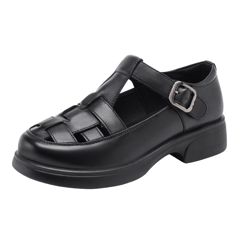 Red Dragonfly Women's Roman Sandals Summer Cowhide Closed-Toe Hollow Mary Jane Soft Sole Shoes WTB267381 Black Size 38